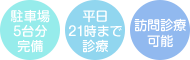 駐車場5台分完備 平日21時まで診療可能 訪問診療可能